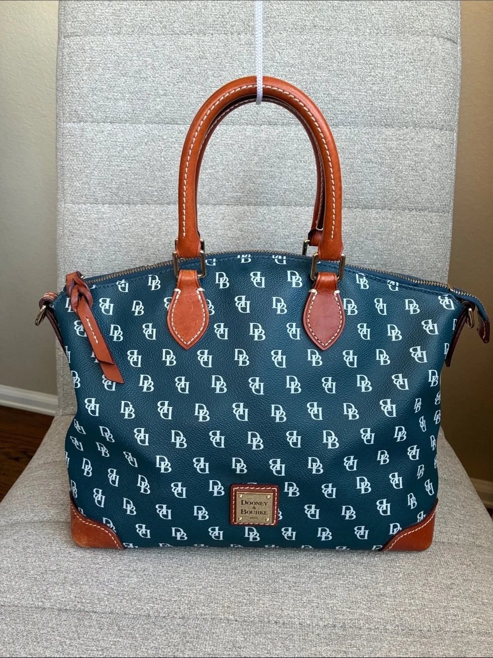 Dooney & Bourke Large Signature Monogram Zip Satchel Navy Blue & White Leather